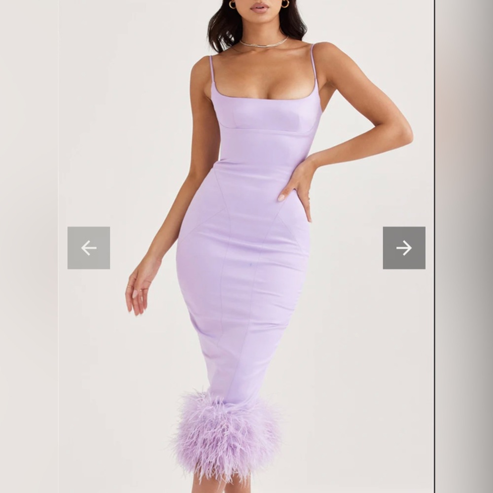 STHCute Lavender Spaghetti Straps Feather Satin Midi Night Out Dress